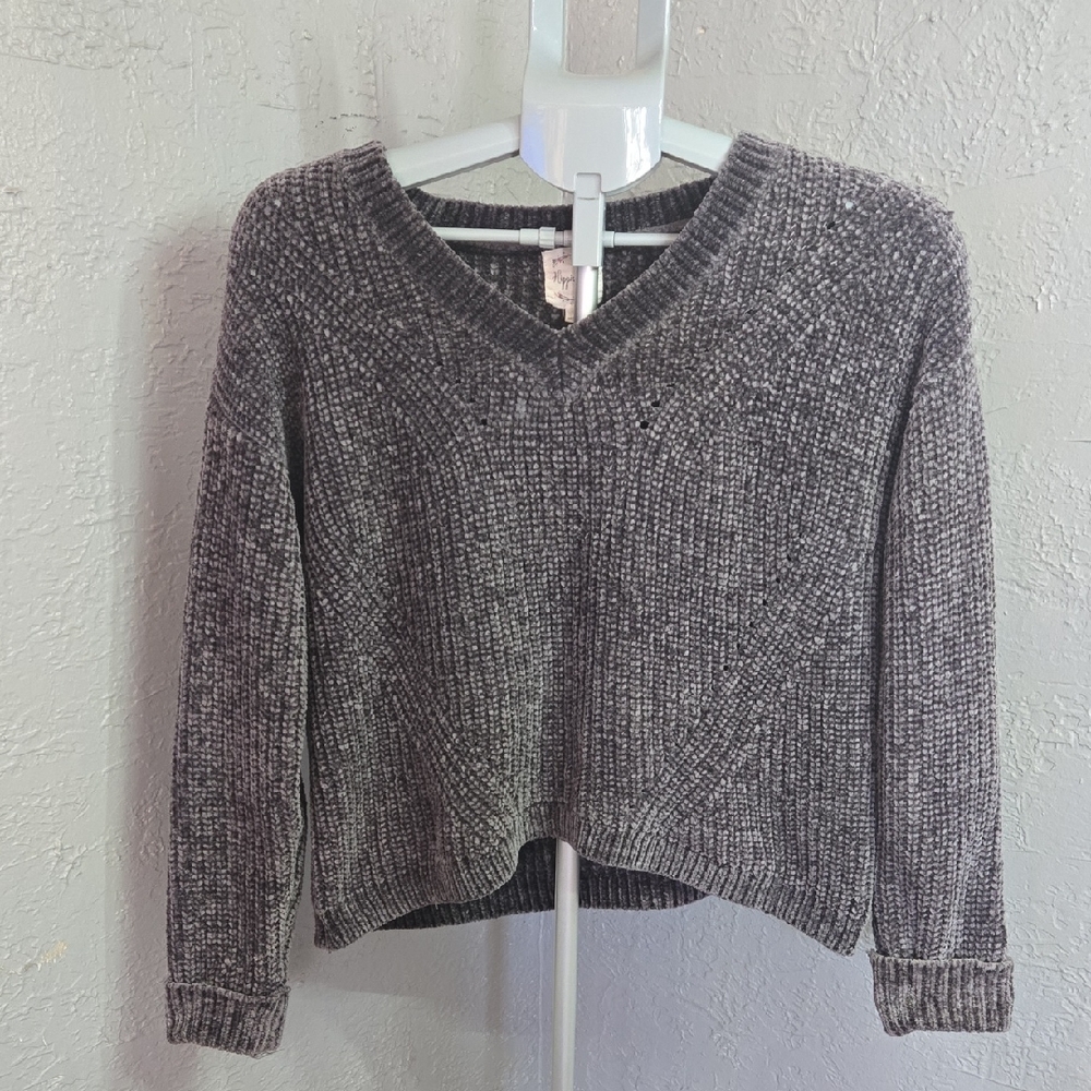 Hippie Rose Charcoal V-Neck Cropped Chenille Sweater